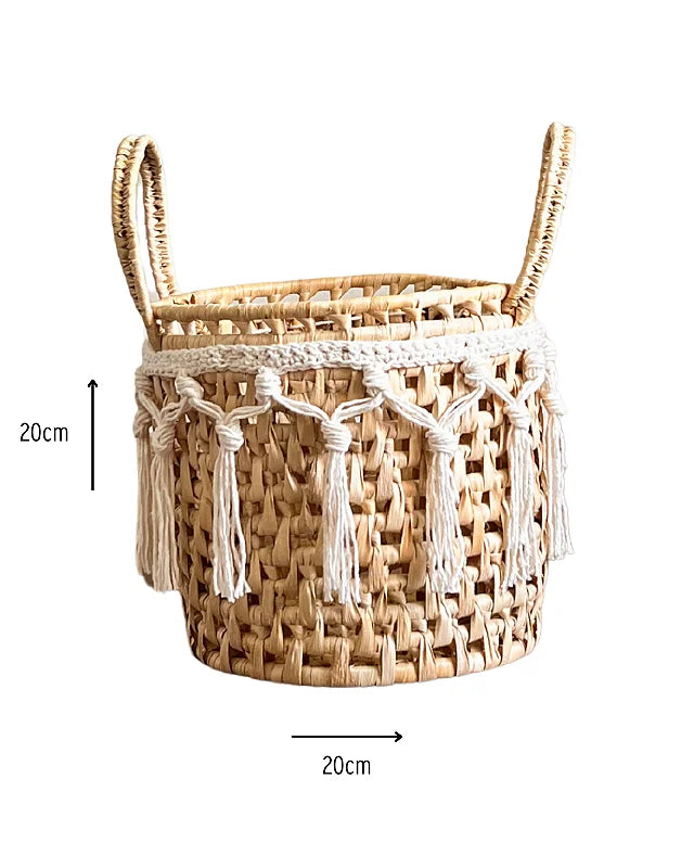 Cesto de Palha Trama Aberta com Macramê 20x20