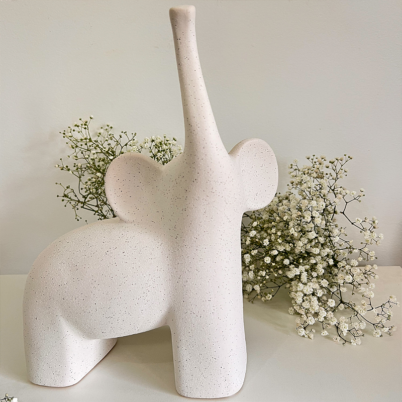 Escultura Elefante Borneo em Cerâmica Off White Grande