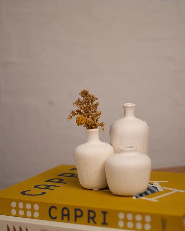 Trio Mini Vasos Filó em Cerâmica Off White