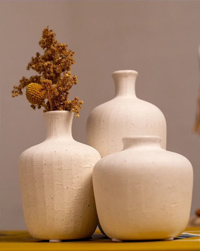 Trio Mini Vasos Filó em Cerâmica Off White